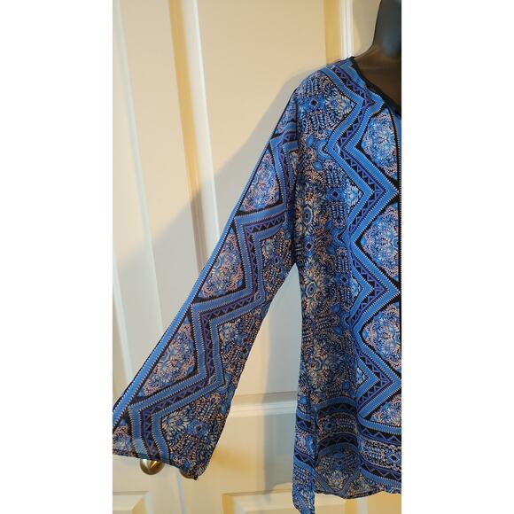 Nine West Blue/Black & white semi sheer Tunic Blouse neck tassel size Large - Picture 3 of 11